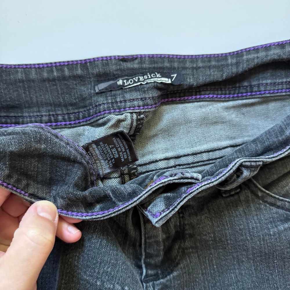 Lovesick Y2K Low Rise Bootcut Jeans Black Purple Stitching Size 7 28 Waist - Picture 3 of 6